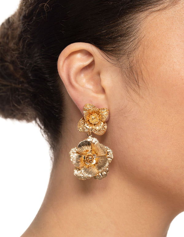 Gold Duo Flower Drop Earrings