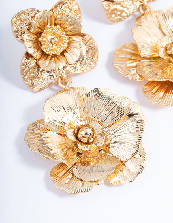 Gold Duo Flower Drop Earrings