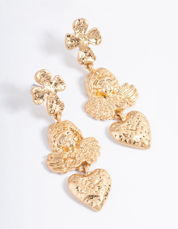 Gold Cross Angel Drop Earrings