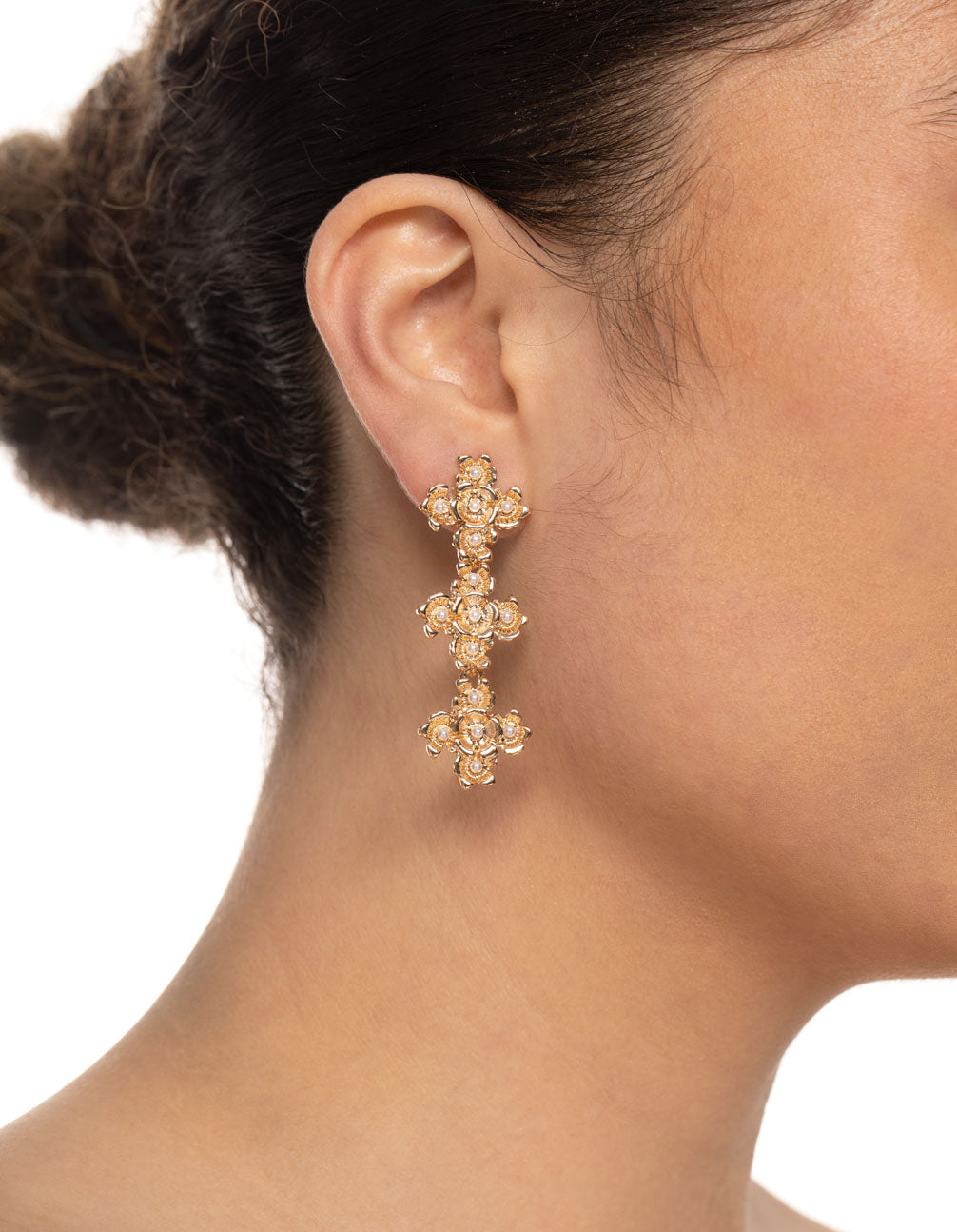 Gold Trio Cross Pearl Drop Earrings