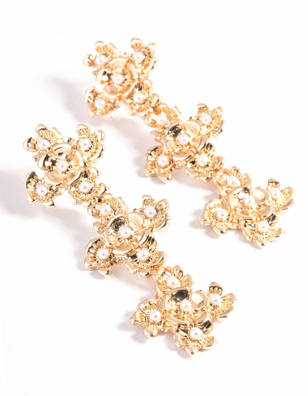 Gold Trio Cross Pearl Drop Earrings