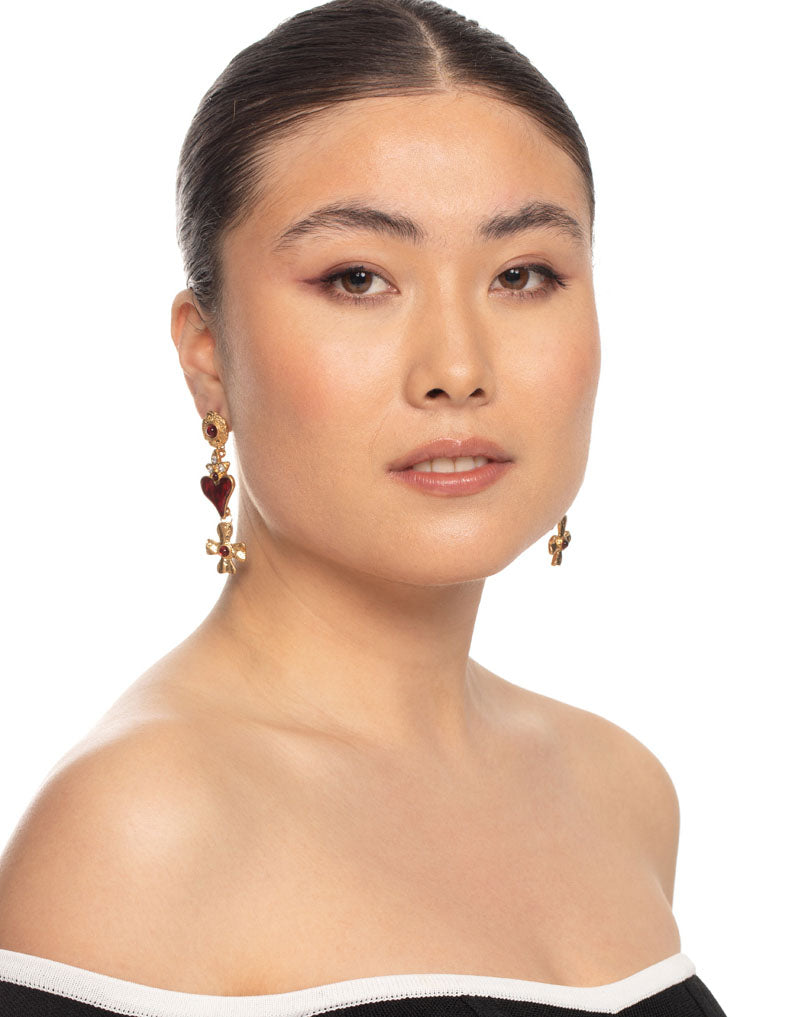 Gold Heart & Cross Drop Earrings