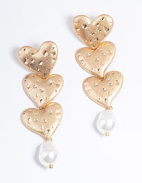Gold Trio Heart Pearl Drop Earrings - link has visual effect only