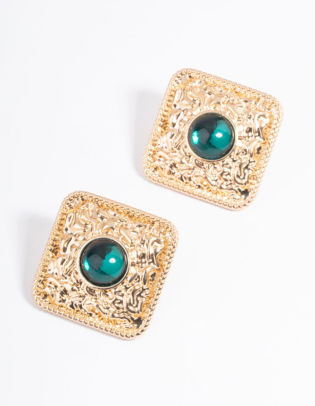 Gold Square Gem Stud Earrings