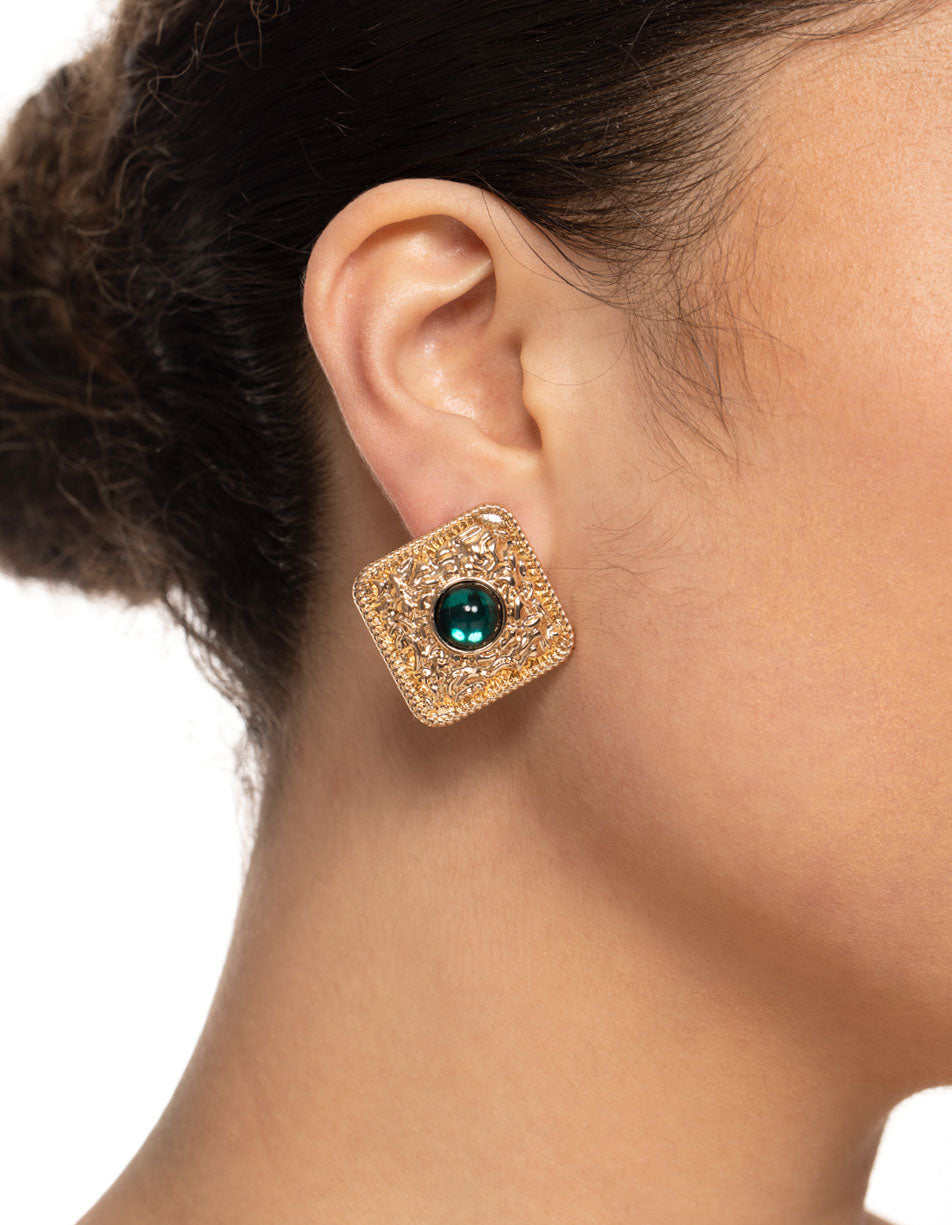 Gold Square Gem Stud Earrings
