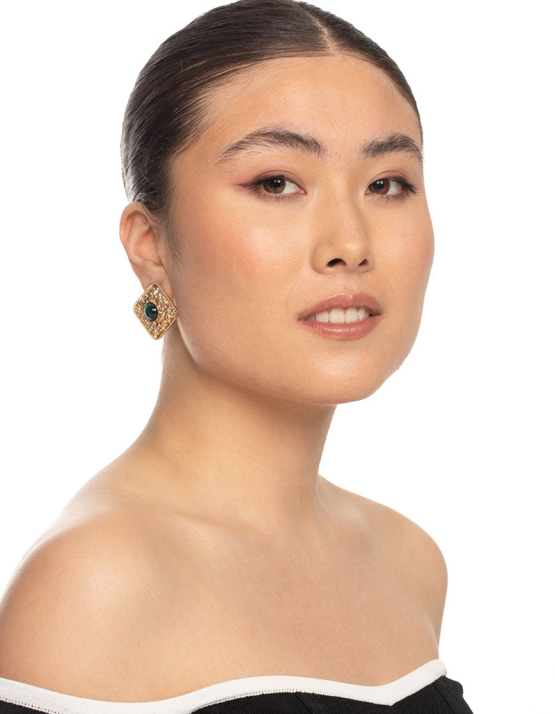 Gold Square Gem Stud Earrings