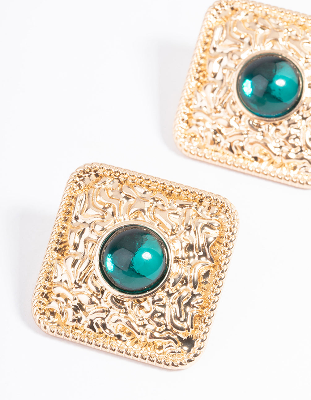 Gold Square Gem Stud Earrings
