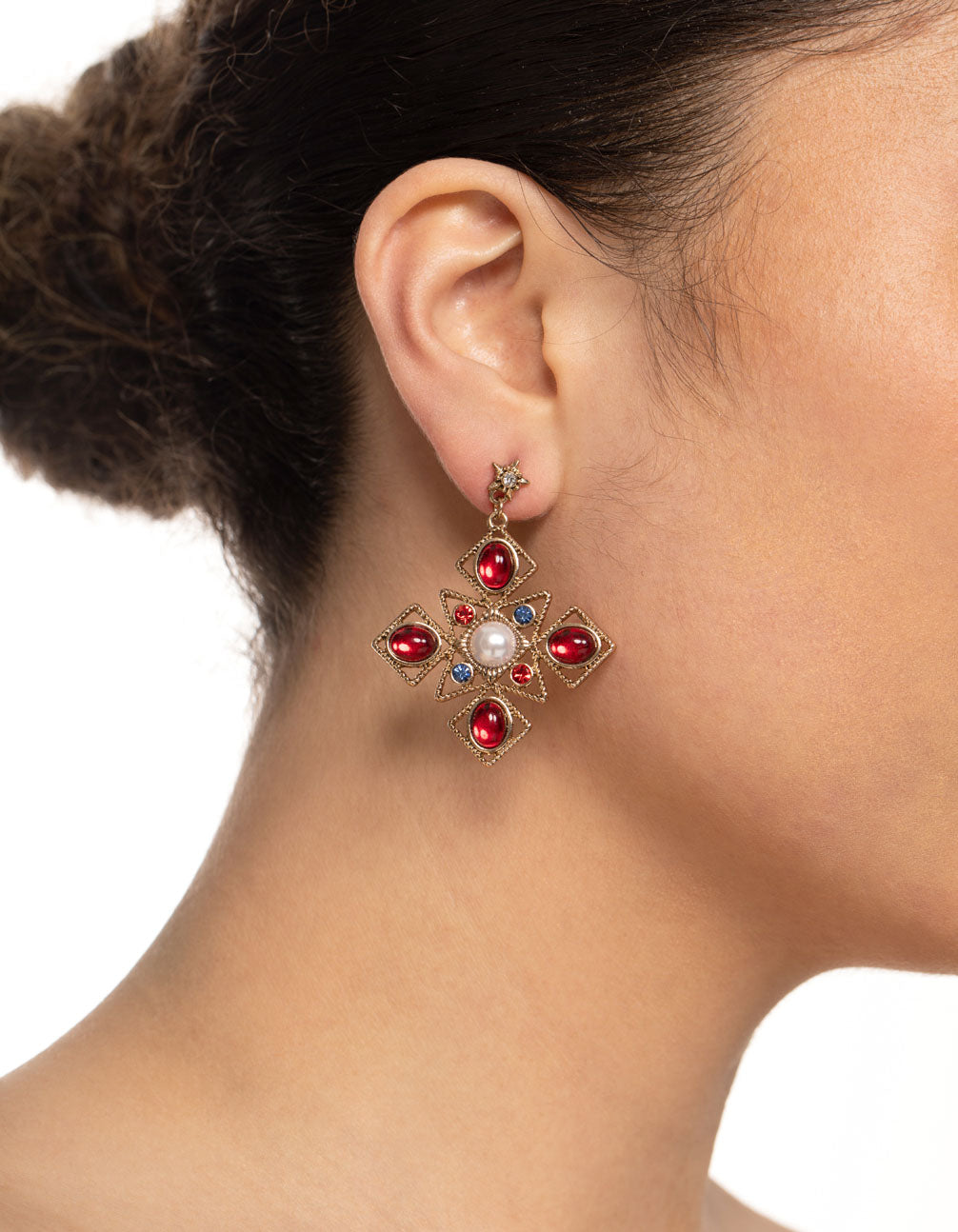 Gold Gem Cross Stud Earrings