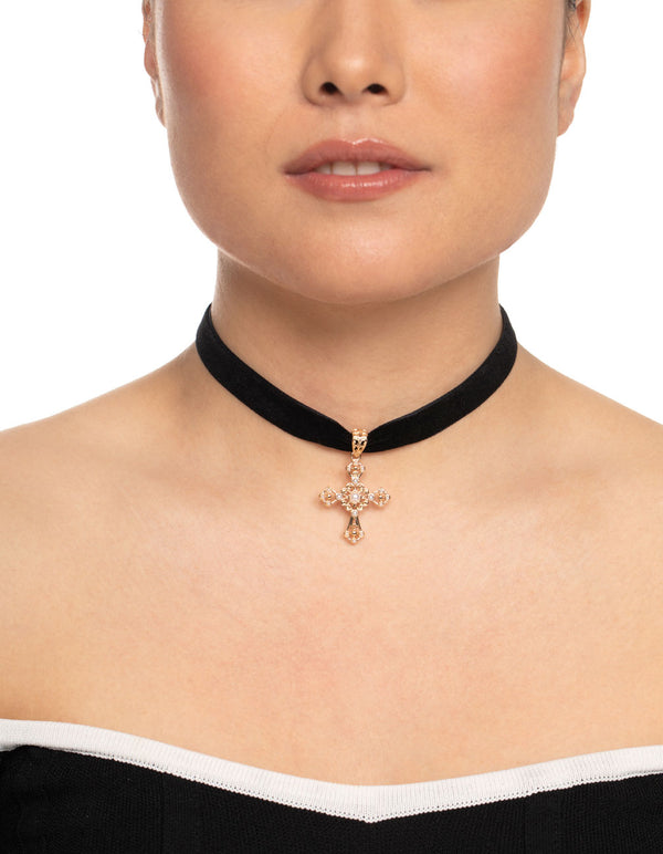 Gold Pearl Cross Choker