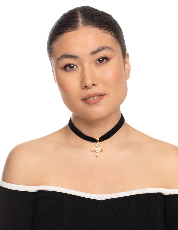 Gold Pearl Cross Choker