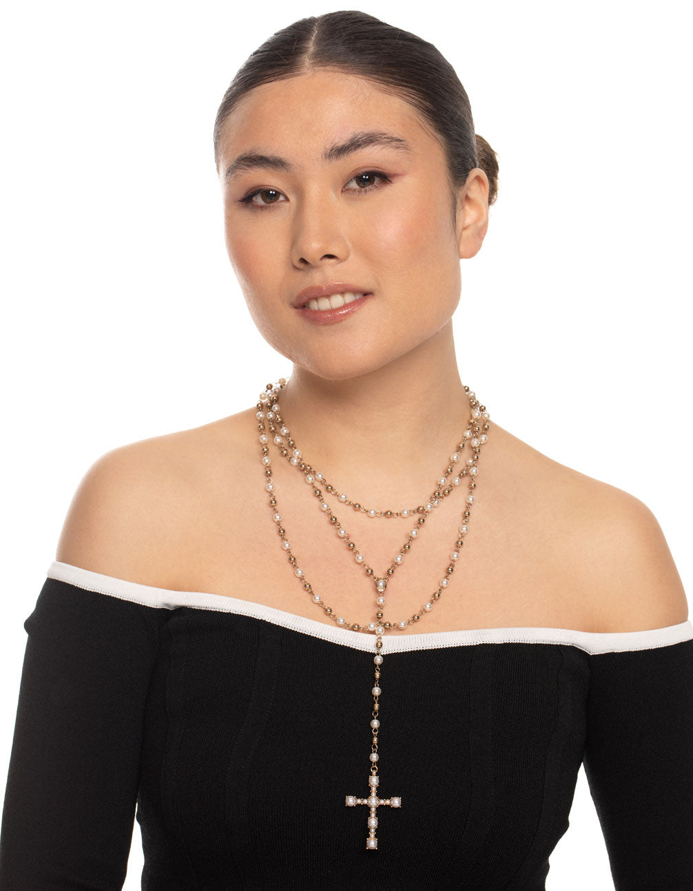 Pearl Long Beaded Cross Necklace