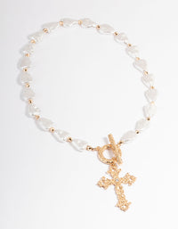 Gold Pearl Cross Necklace - link has visual effect only