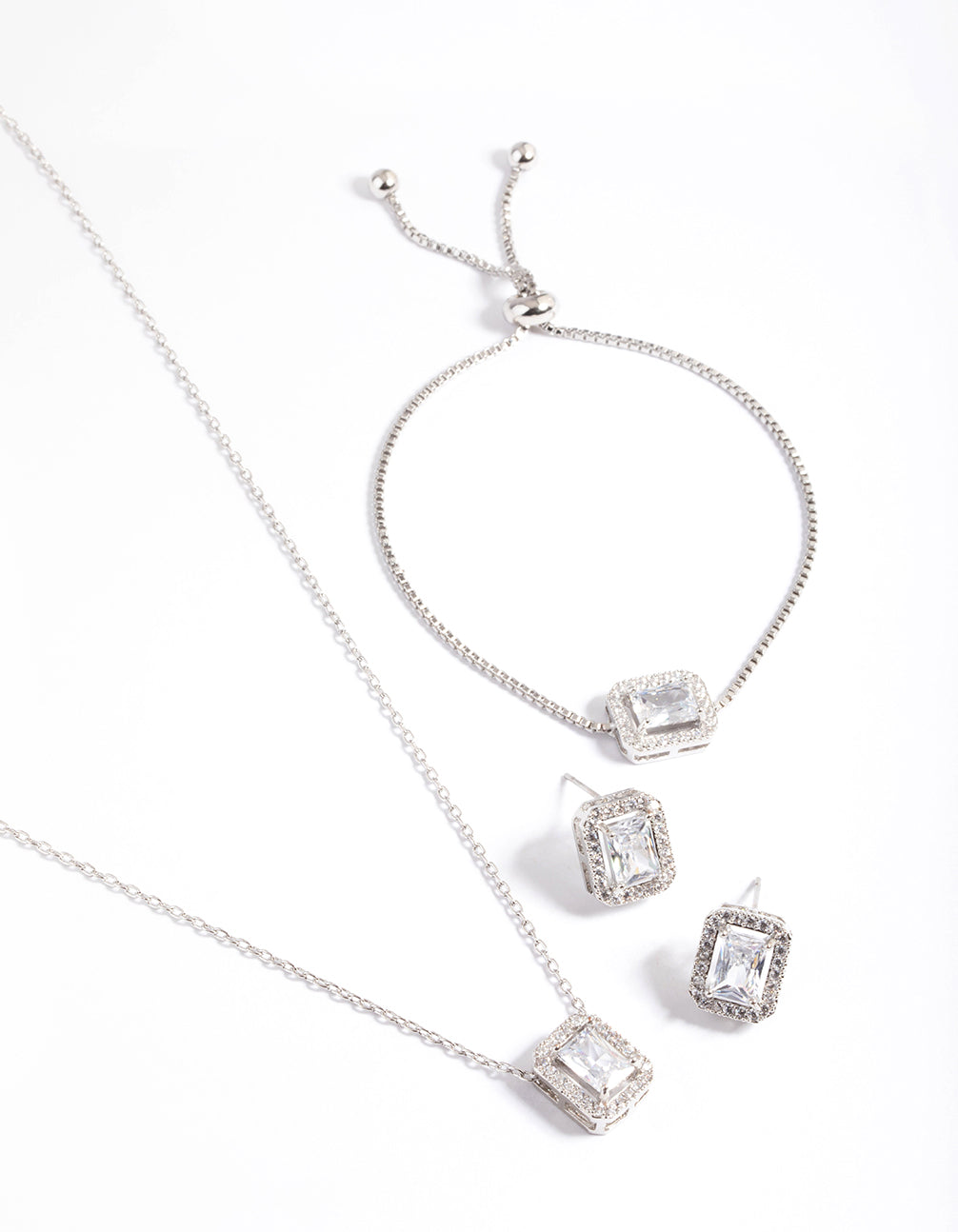 Silver Diamond Simulant Square Halo Jewellery Set