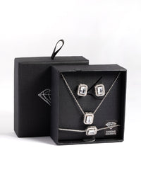 Silver Diamond Simulant Square Halo Jewellery Set - link has visual effect only