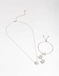 Silver Diamond Simulant Square Halo Jewellery Set - link has visual effect only