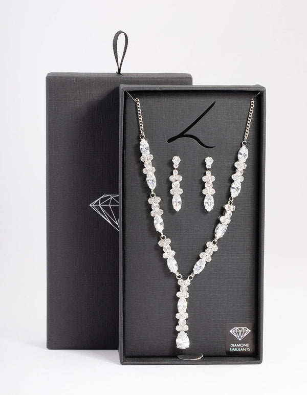 Diamond Simulants Silver Statement Drop Earrings & Necklace Set
