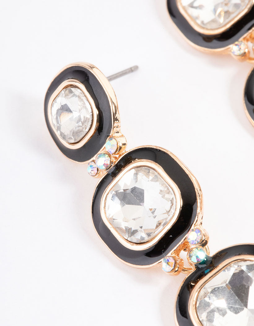 Black Square Stone Enamel Drop Earrings