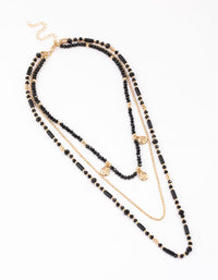 Black Mixed Bead Textured Disk Multi Row Necklace - link has visual effect only