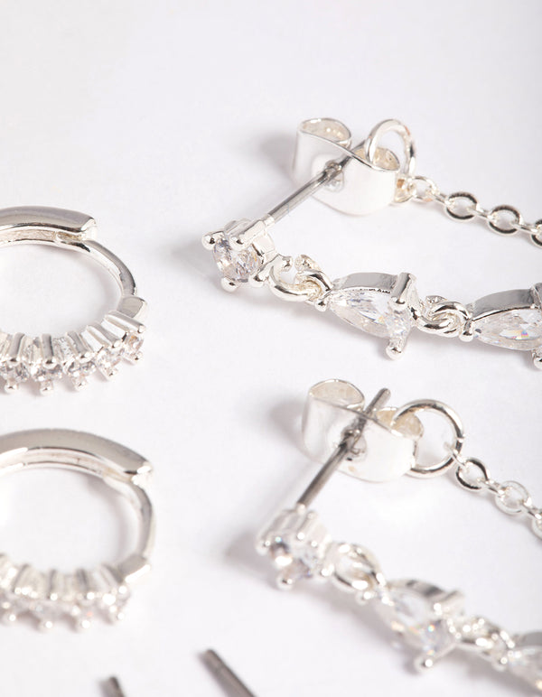 Silver Plated Brass  Cubic Zirconia Pear Chain Earring 6-Pack