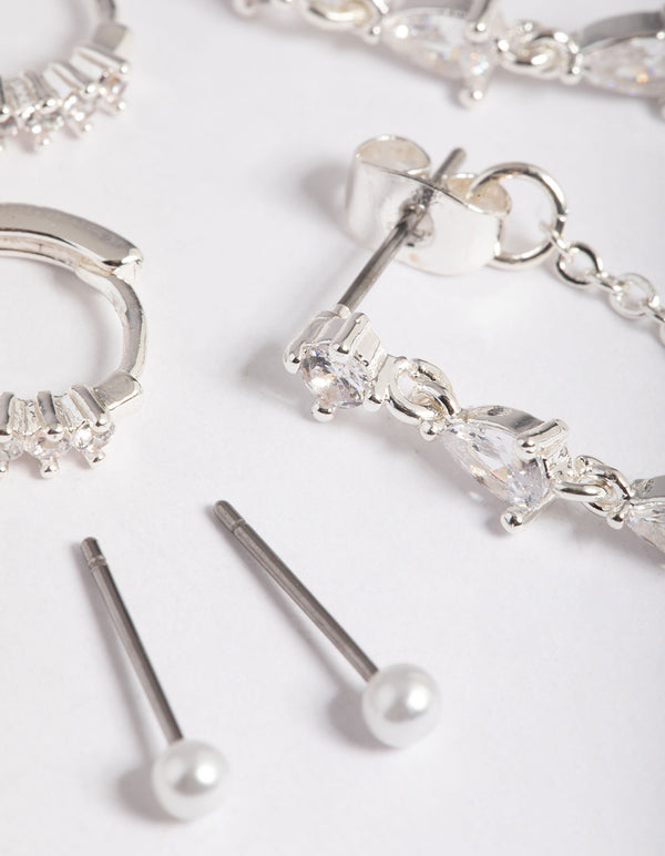 Silver Plated Brass  Cubic Zirconia Pear Chain Earring 6-Pack