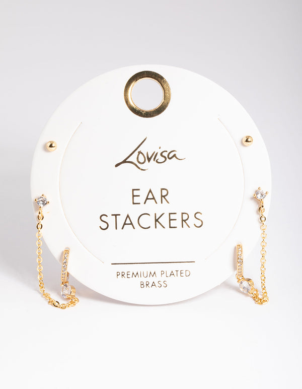 Gold Plated Brass Cubic Zirconia Pave Huggie Chain Earrings 6-Pack