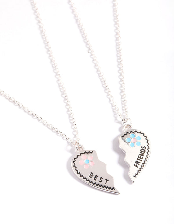 Silver Best Friend Flower Heart Necklace Pack