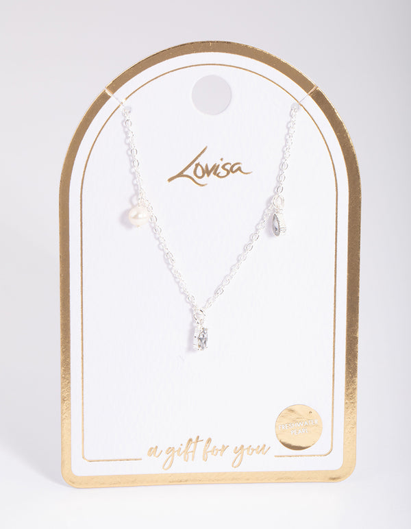 Silver Pearl & Diamante Droplet Necklace
