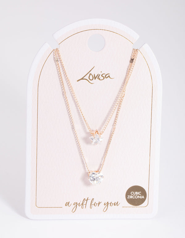 Rose Gold Star & Heart Basic Diamante Necklace
