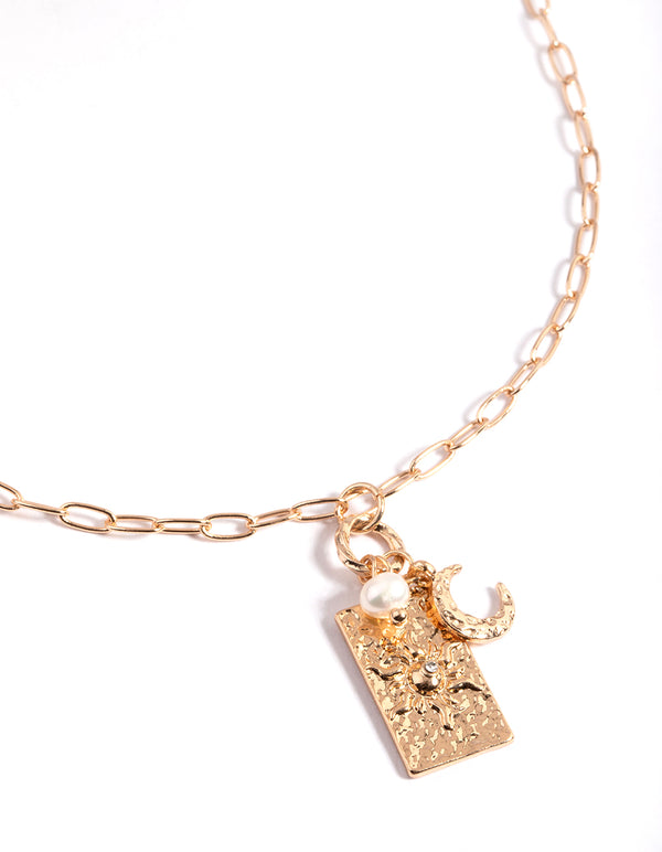 Gold Freshwater Pearl Cresent & Charm Necklace