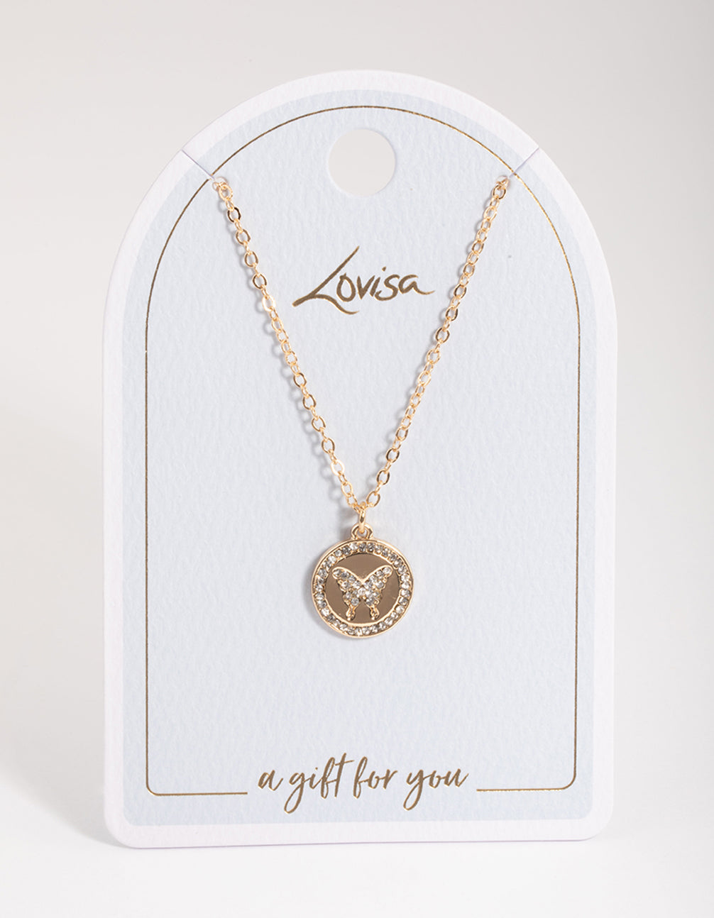 Gold Circle Diamante Butterfly Necklace