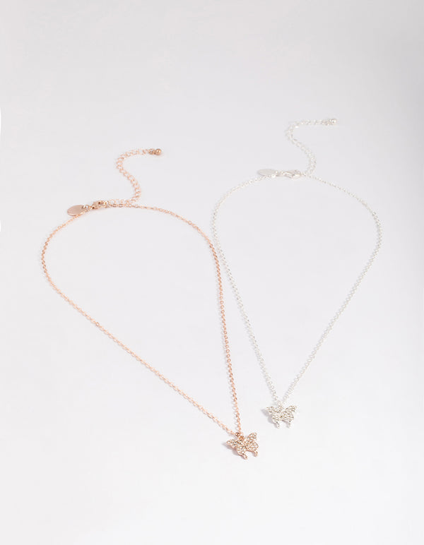Mixed Metal Diamante Butterfly Necklace Pack