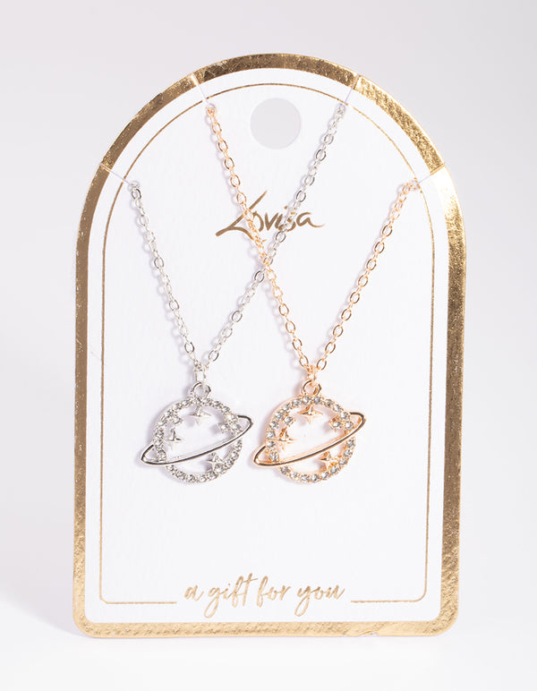 Mixed Metal Diamante Saturn Necklace Pack