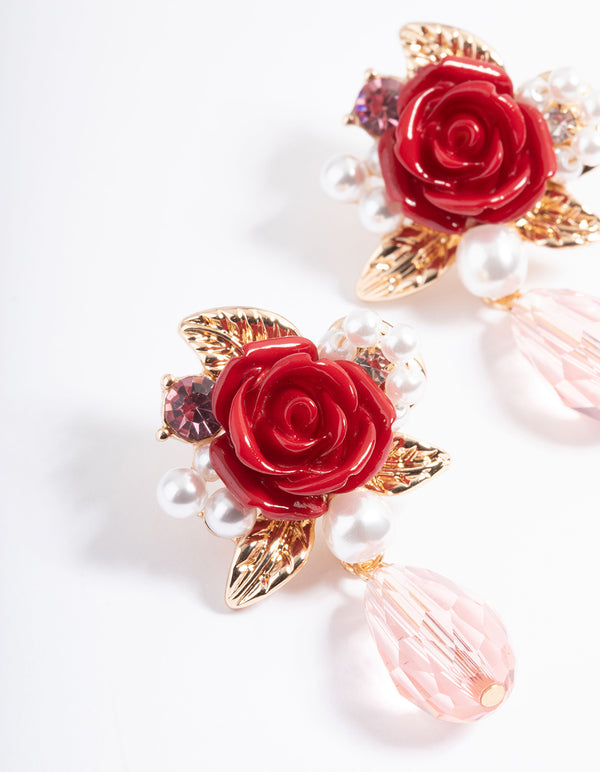 Red Rose Pearly Stud Earrings