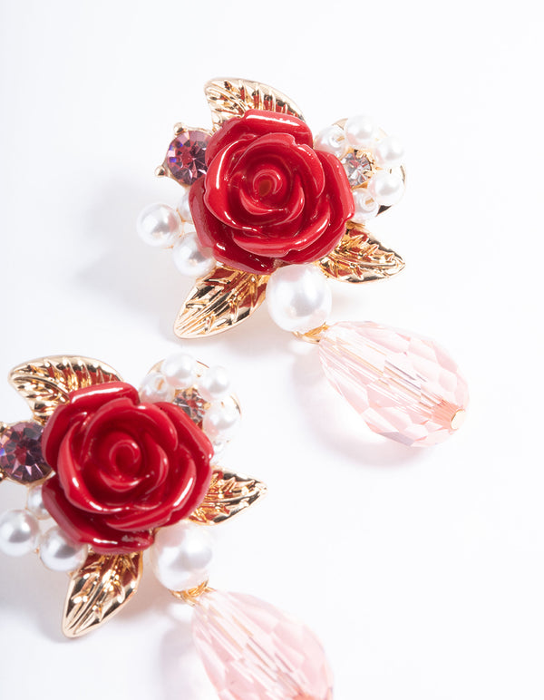 Red Rose Pearly Stud Earrings