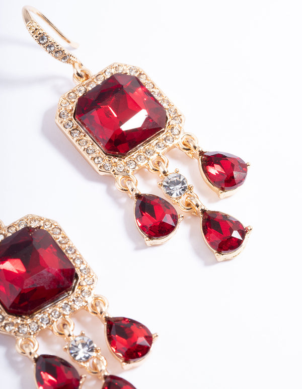 Red Diamante Square Teardrop Huggie Earrings