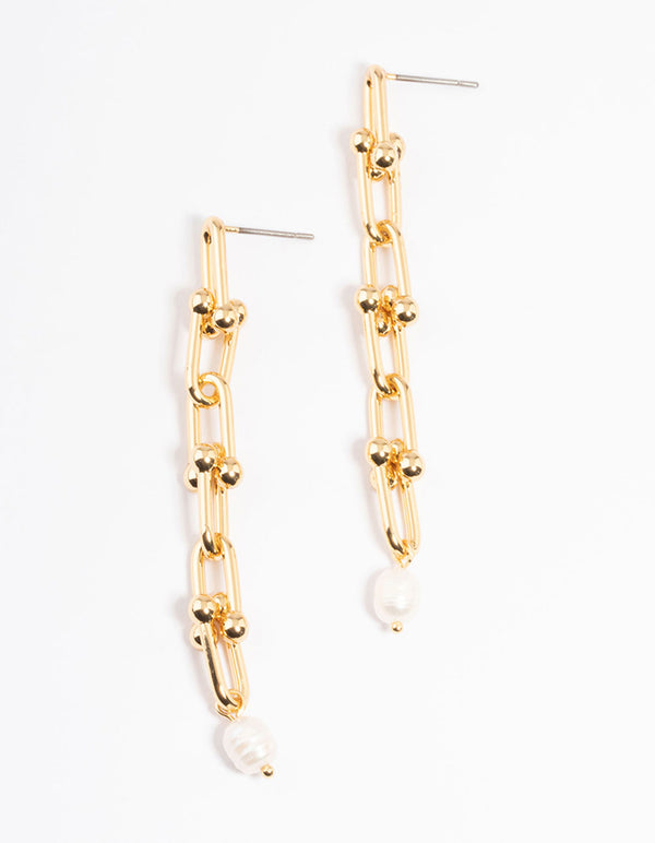 Gold Plated Chain Link Drop Freshwater Pearl Earrings