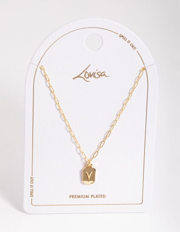 Letter V Gold Plated Rectangle Pendant Initial Necklace