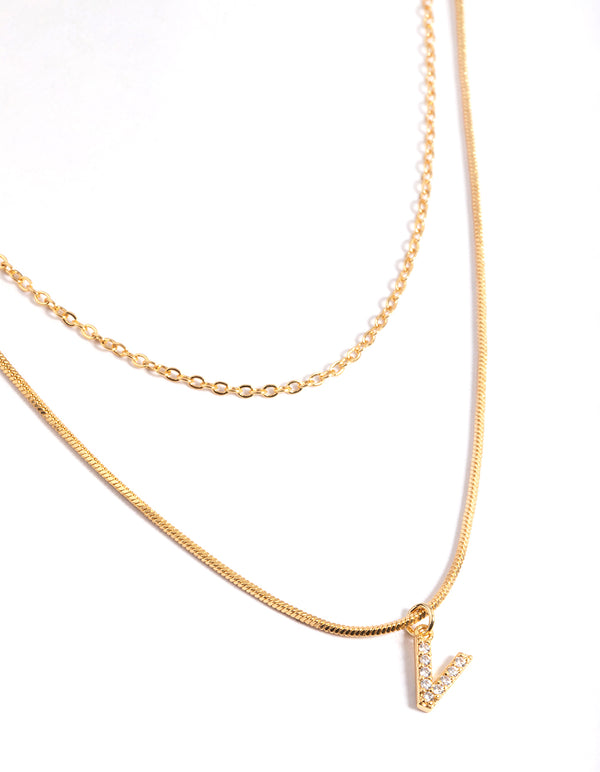 Letter V Gold Plated Layered Diamante Initial Necklace
