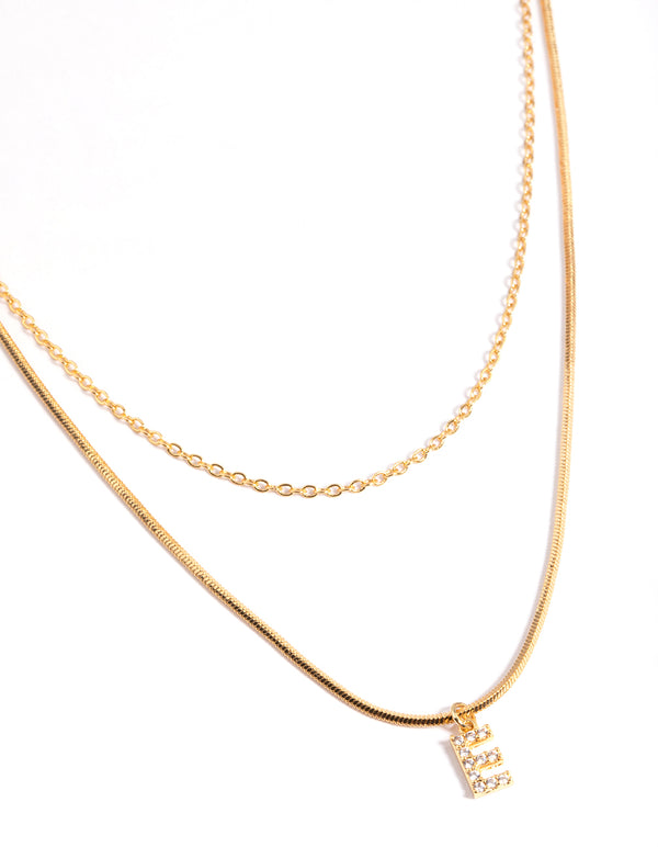 Letter E Gold Plated Layered Diamante Initial Necklace