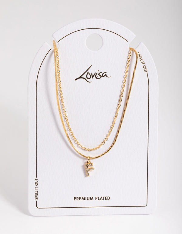 Letter F Gold Plated Layered Diamante Initial Necklace