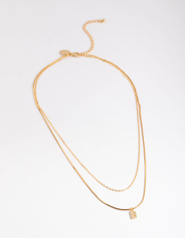 Letter B Gold Plated Layered Diamante Initial Necklace