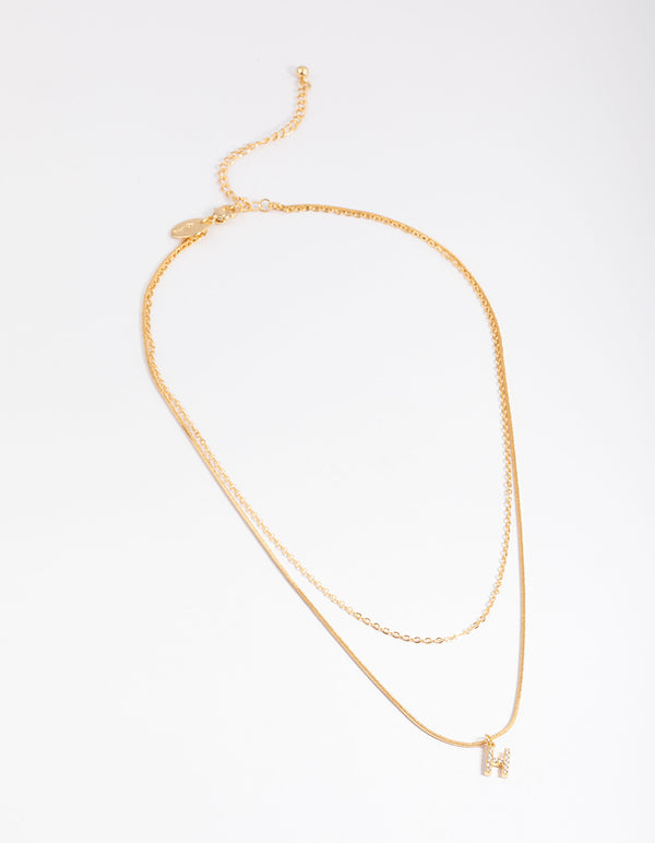 Letter H Gold Plated Layered Diamante Initial Necklace