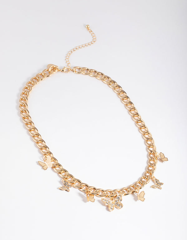 Gold Mixed Diamante Butterfly Charm Necklace