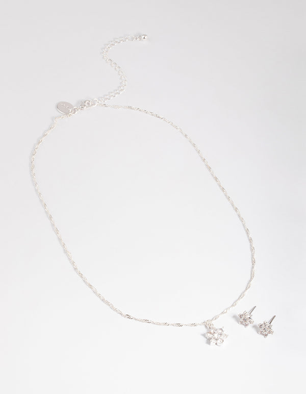 Silver Cubic Zirconia Twist Chain Star Earrings & Necklace Set