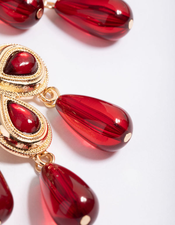 Gold Red Statement Earrings