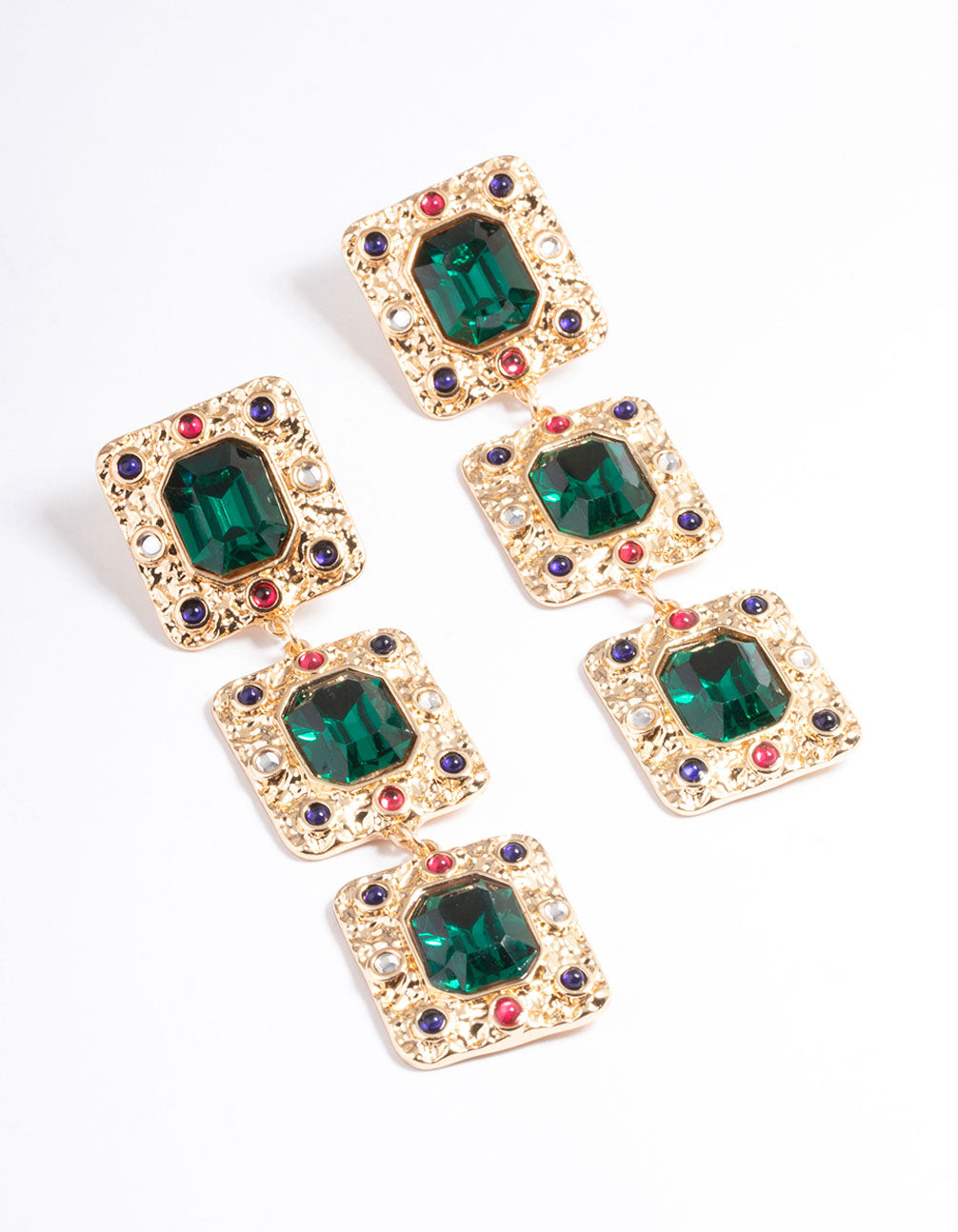 Gold Three Gem Statement Earrings