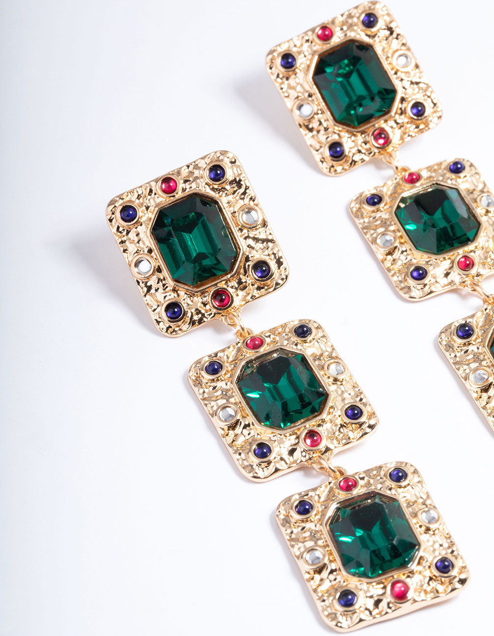 Gold Three Gem Statement Earrings