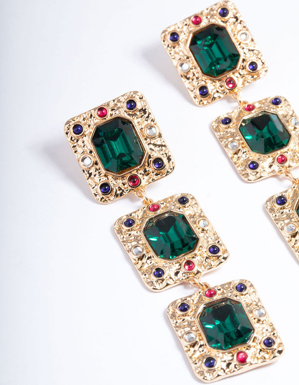 Gold Three Gem Statement Earrings