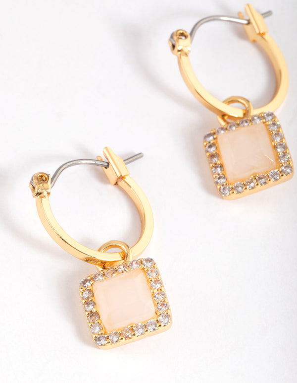 Gold Plated Rose Quartz Halo Charm Hoop Earrings