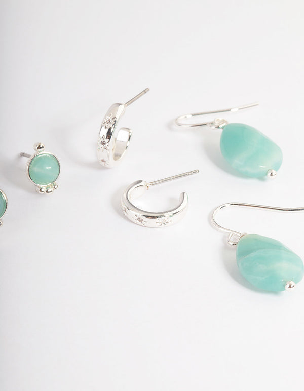 Silver Plated Amazonite Round Star Stack Earrings